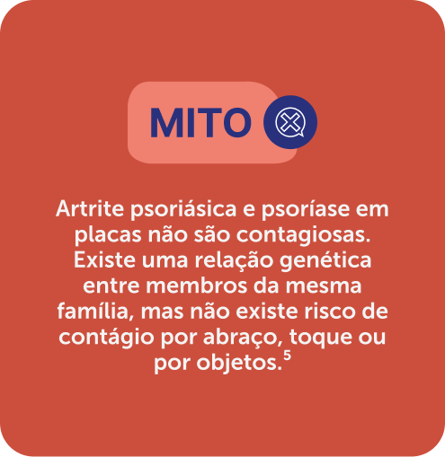 Artrite psoriásica e psoríase em placas não são contagiosas. Existe uma relação genética entre membros da mesma família, mas não existe risco de contágio por abraço, toque ou por objetos.